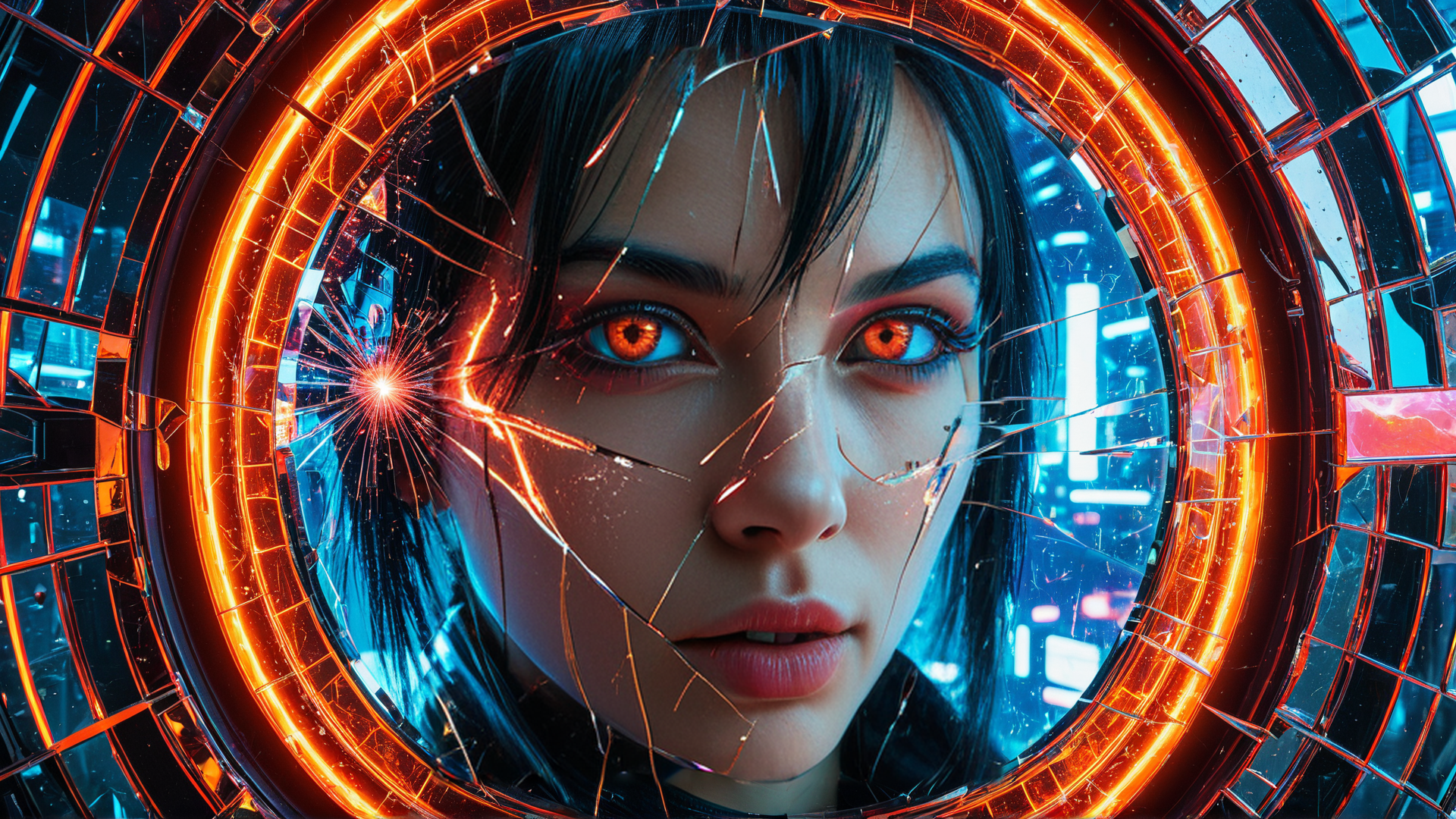 AI generated wallpaper featuring face, mirror, cityscape, light, glass, neon