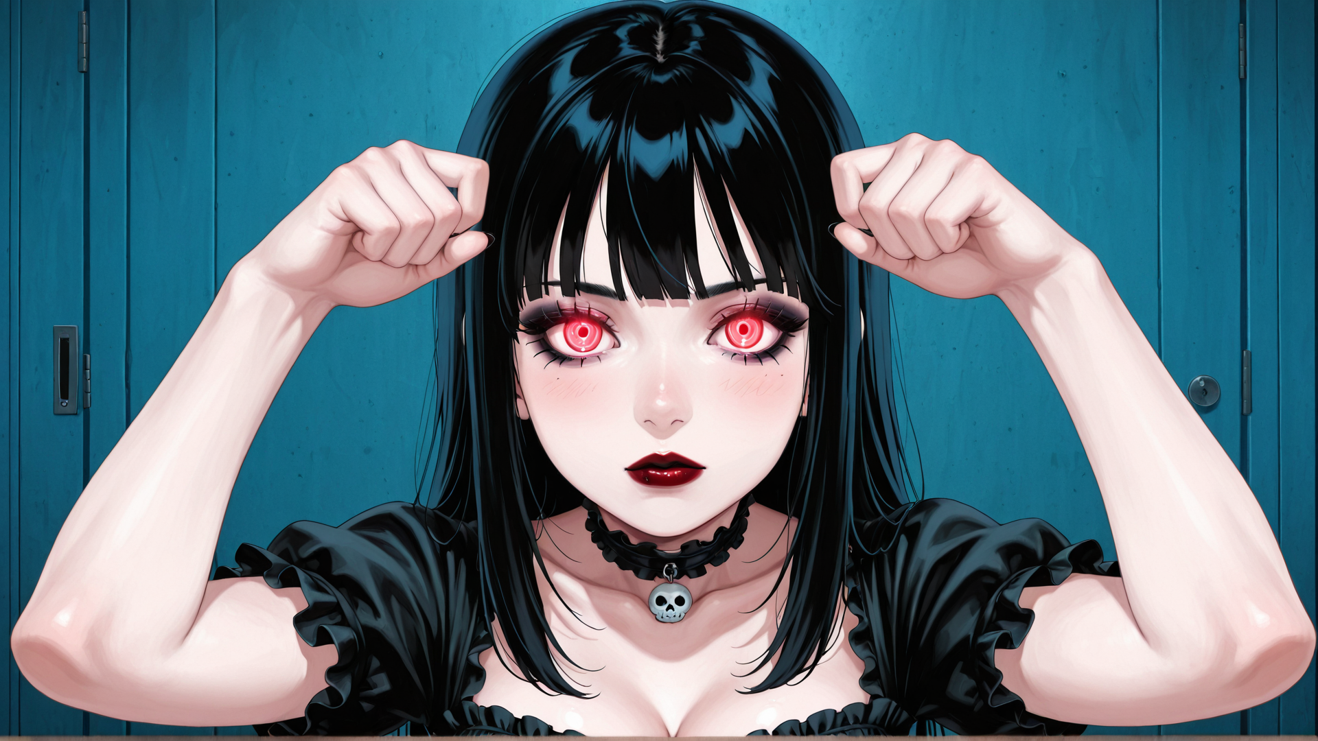 AI generated wallpaper featuring anime girl, black hair, red eyes, choker, skull pendant