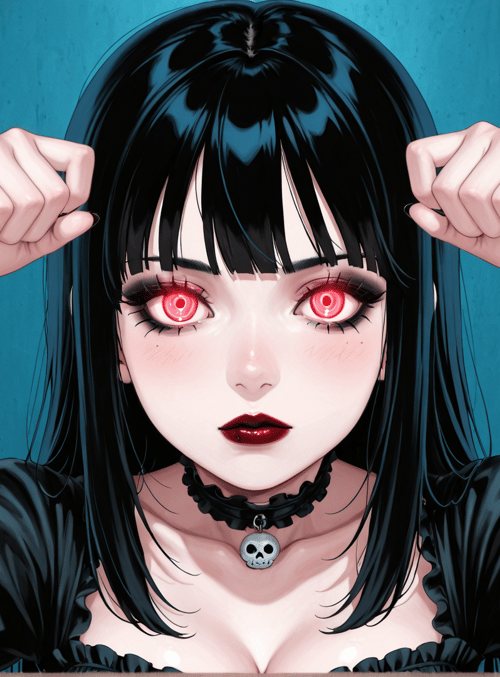 anime girl, black hair, red eyes, choker, skull pendant