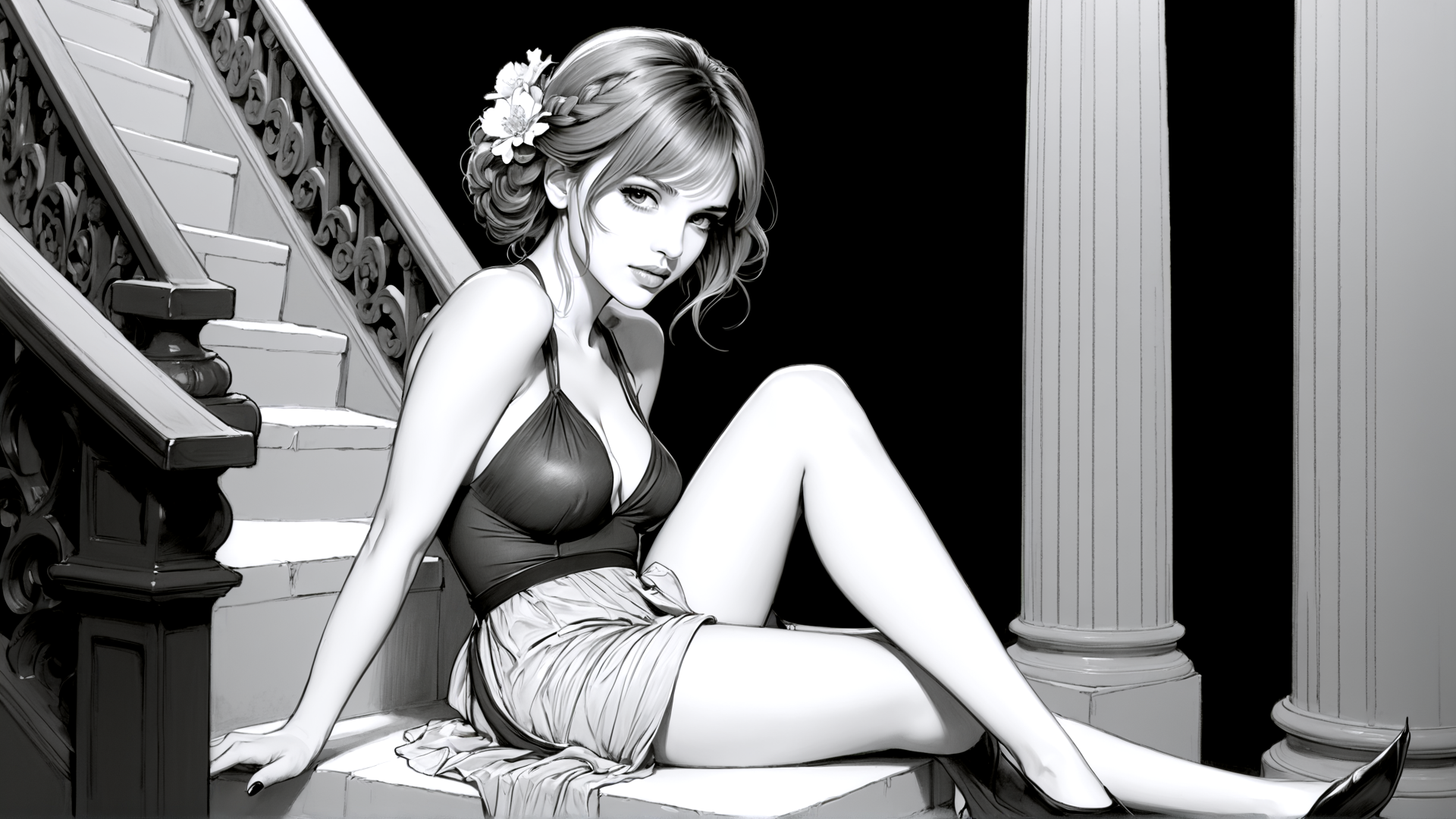 AI generated wallpaper featuring woman, staircase, flowers, columns, dress, heels, braid, hair