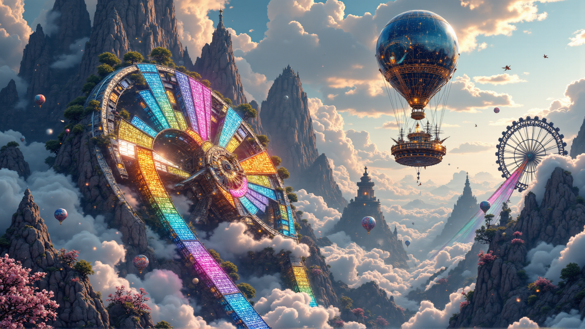 AI generated wallpaper featuring flying city, hot air balloon, ferris wheel