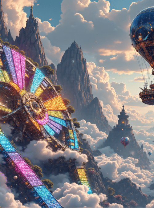 flying city, hot air balloon, ferris wheel