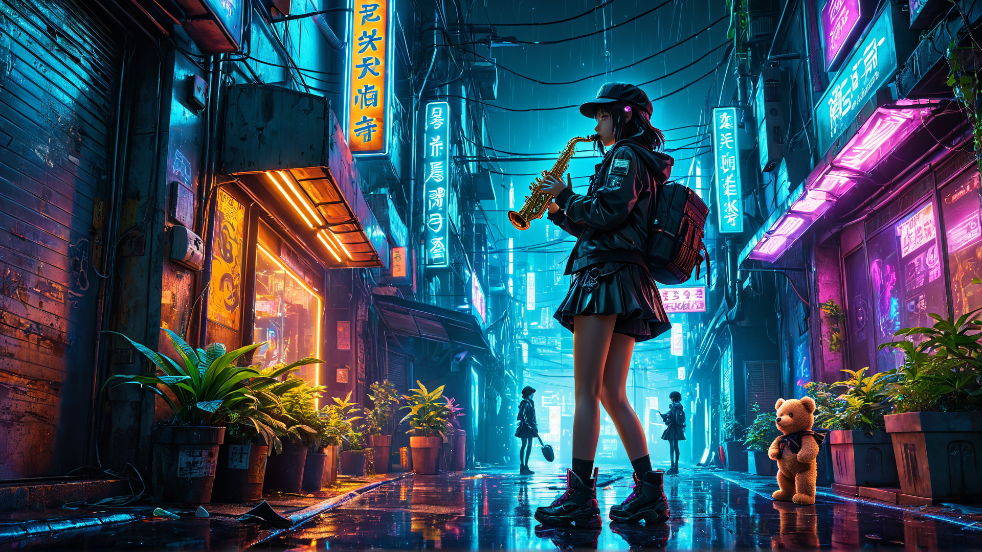 AI generated wallpaper featuring girl, teddy bear, saxophone