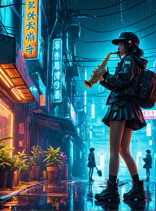 girl, teddy bear, saxophone