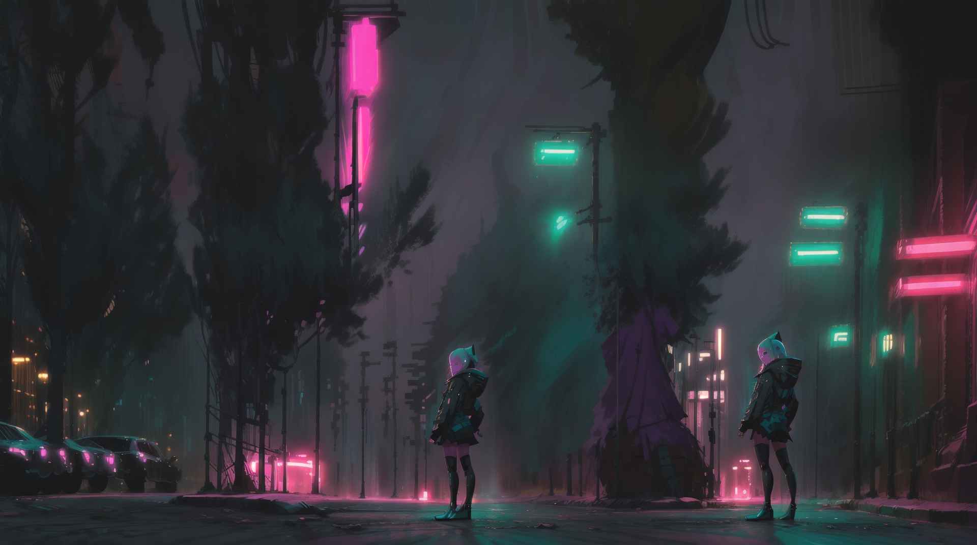 AI generated wallpaper featuring characters, neon lights, street