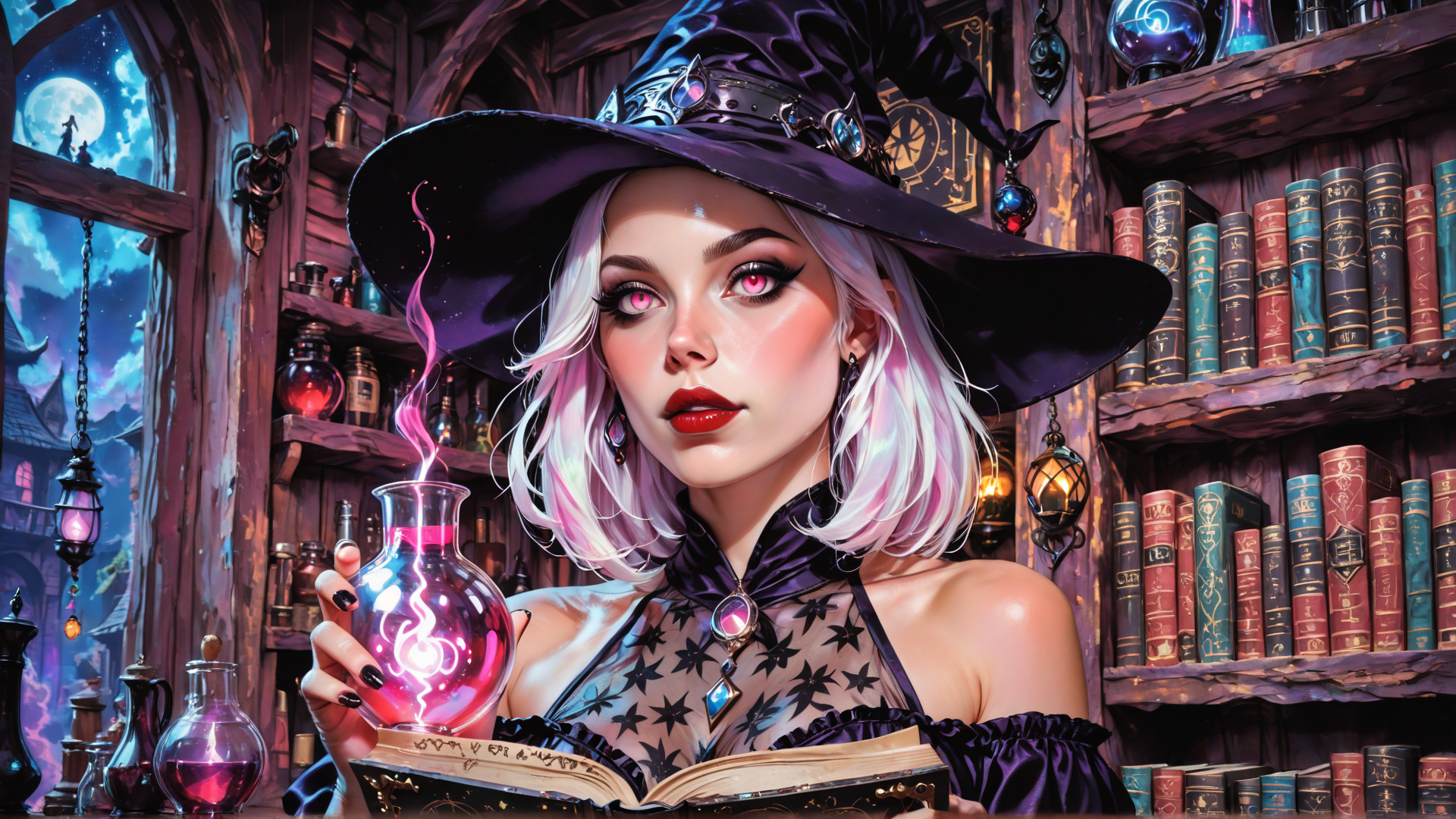 AI generated wallpaper featuring witch, book, bottle, library, moon, hat, lamps, books, magic, spell