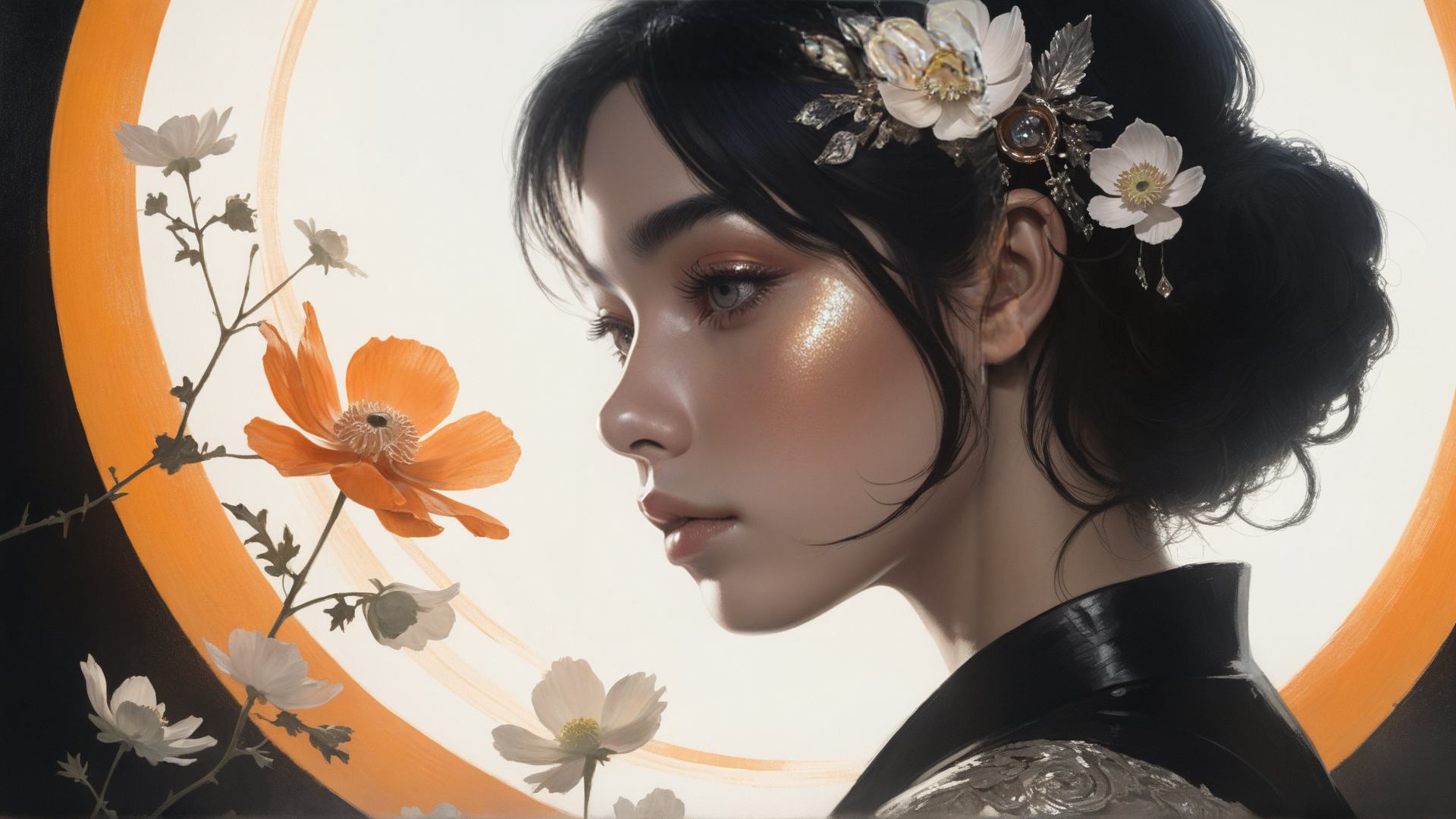 AI generated wallpaper featuring woman, flowers, headdress