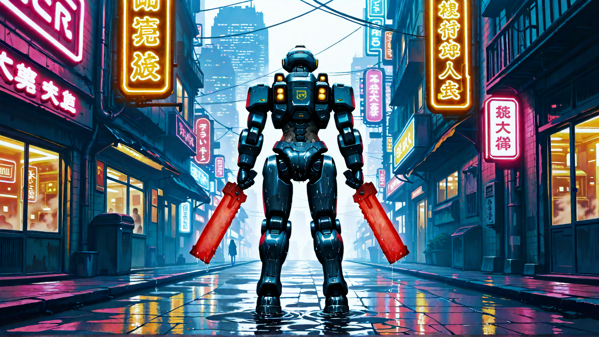 AI generated wallpaper featuring robot, neon signs, city street