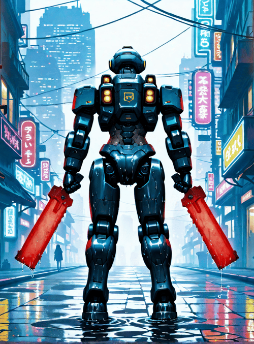 robot, neon signs, city street