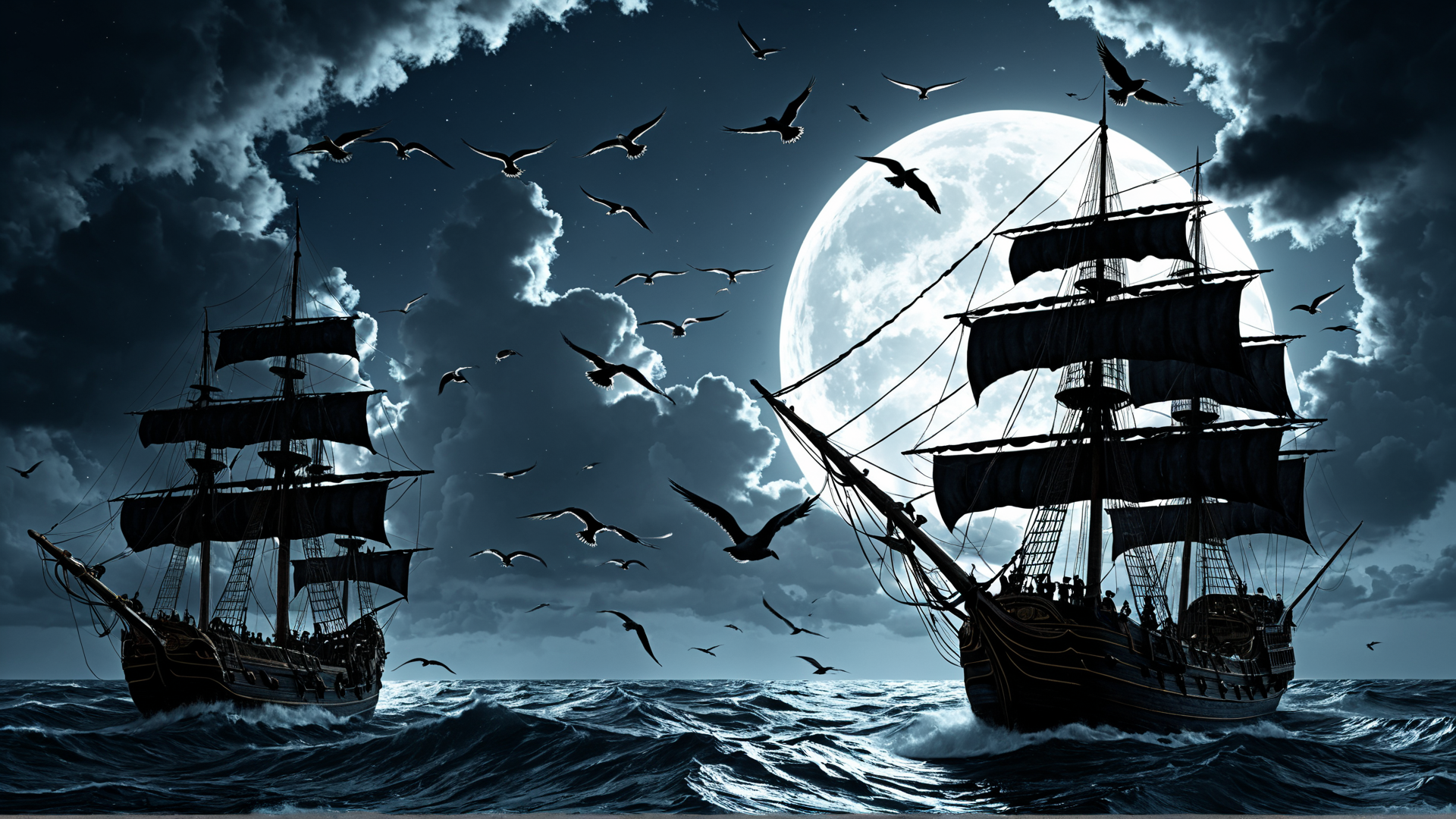 AI generated wallpaper featuring ships, seagulls, moon