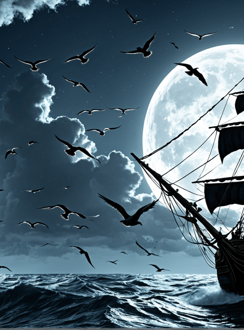 ships, seagulls, moon