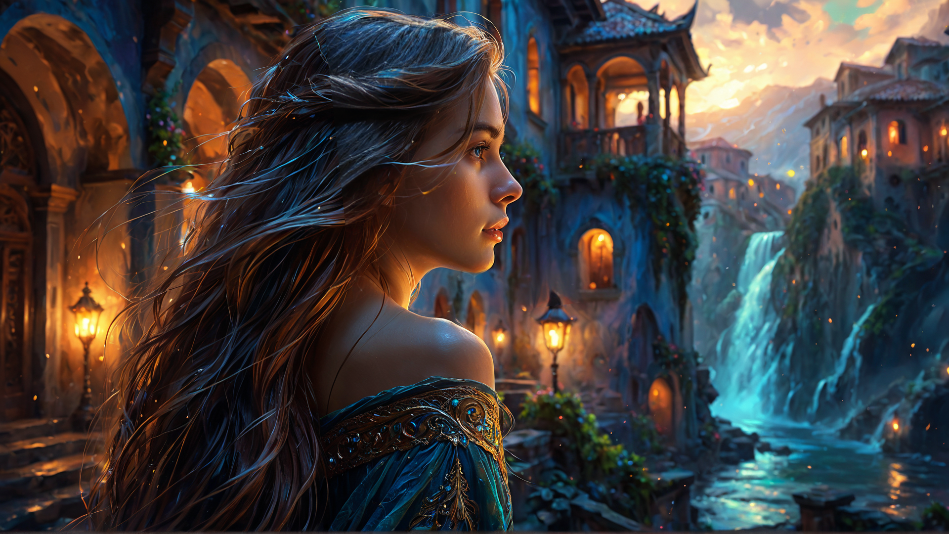 AI generated wallpaper featuring woman, village, waterfall