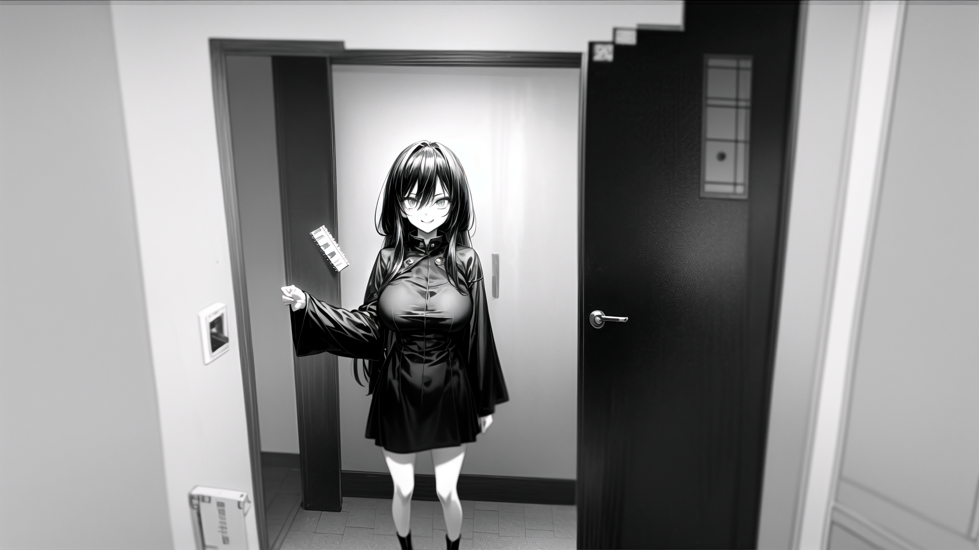AI generated wallpaper featuring anime girl, door, corridor