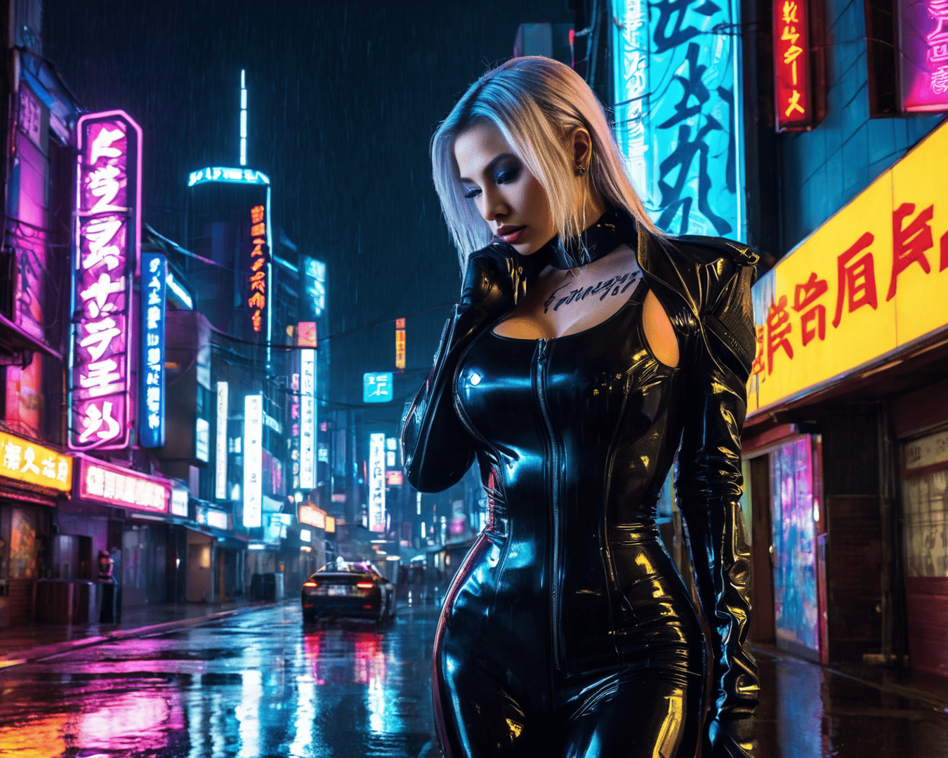 AI generated wallpaper featuring woman, cyberpunk, neon