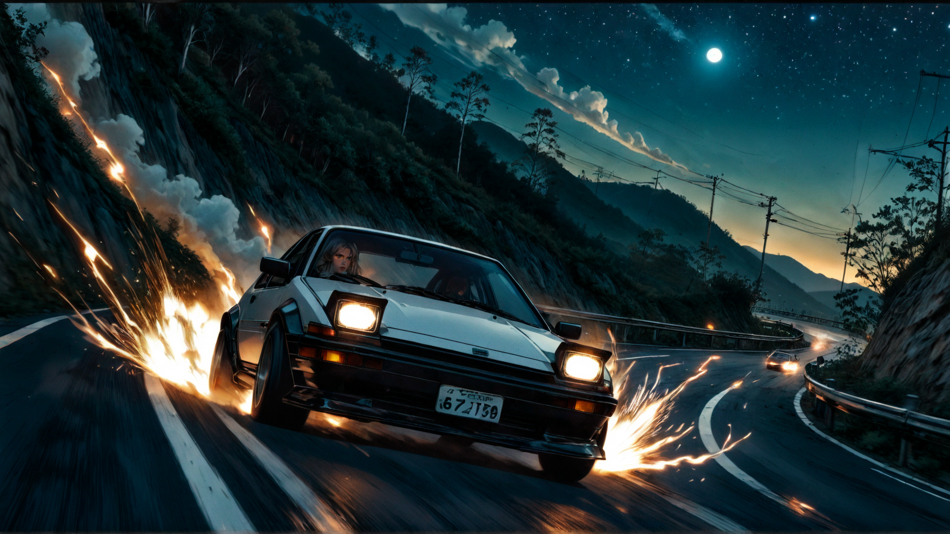 AI generated wallpaper featuring car, road, fire, mountain, moon, trees, sparks, driver, license plate, stars