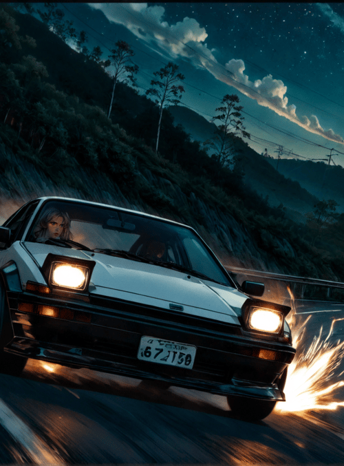 car, road, fire, mountain, moon, trees, sparks, driver, license plate, stars