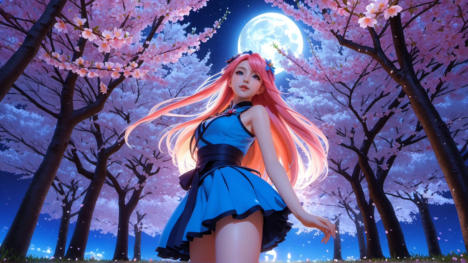 AI generated wallpaper featuring girl, cherry blossom, moon