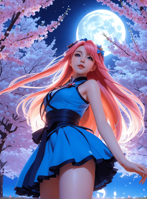 girl, cherry blossom, moon
