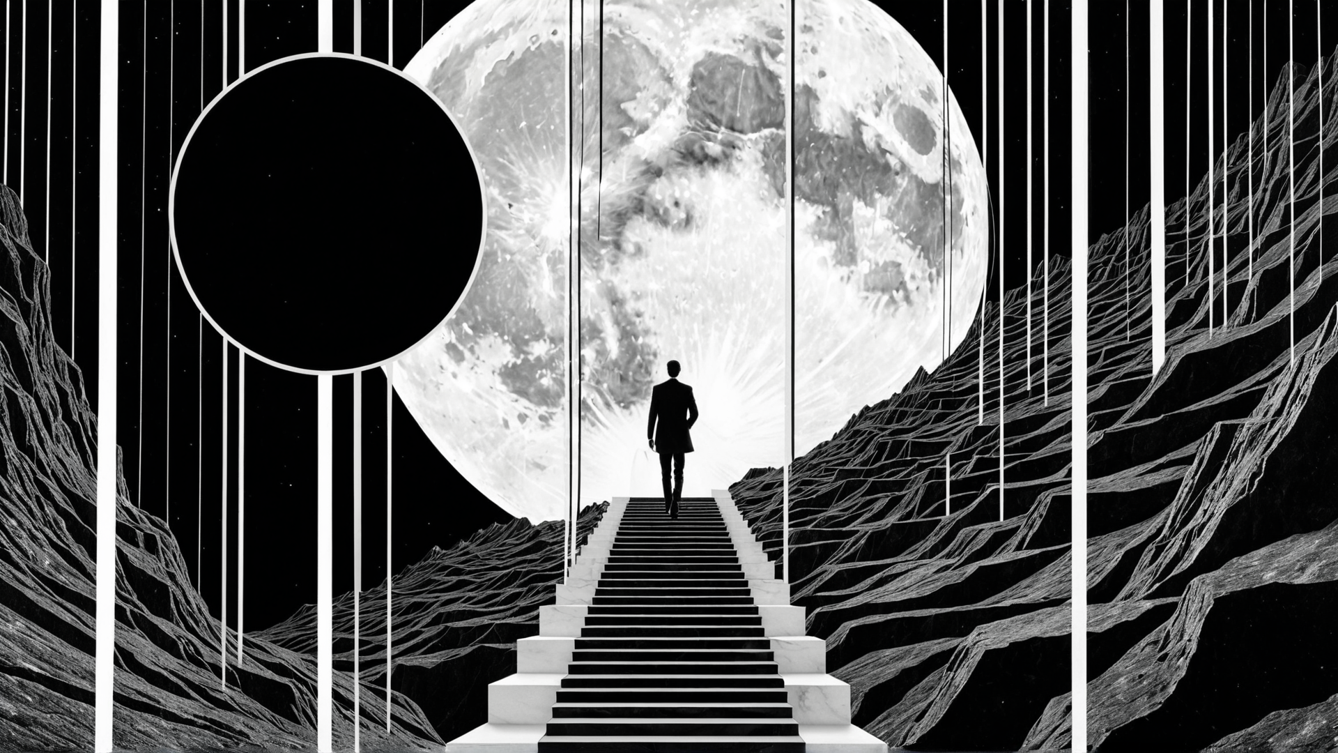 AI generated wallpaper featuring man, moon, staircase, mountain, circle