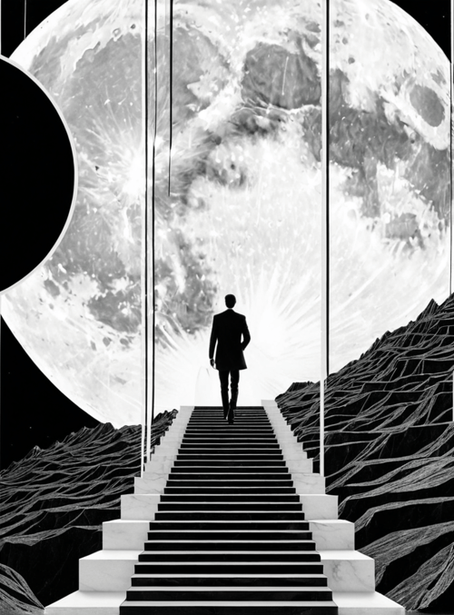 man, moon, staircase, mountain, circle