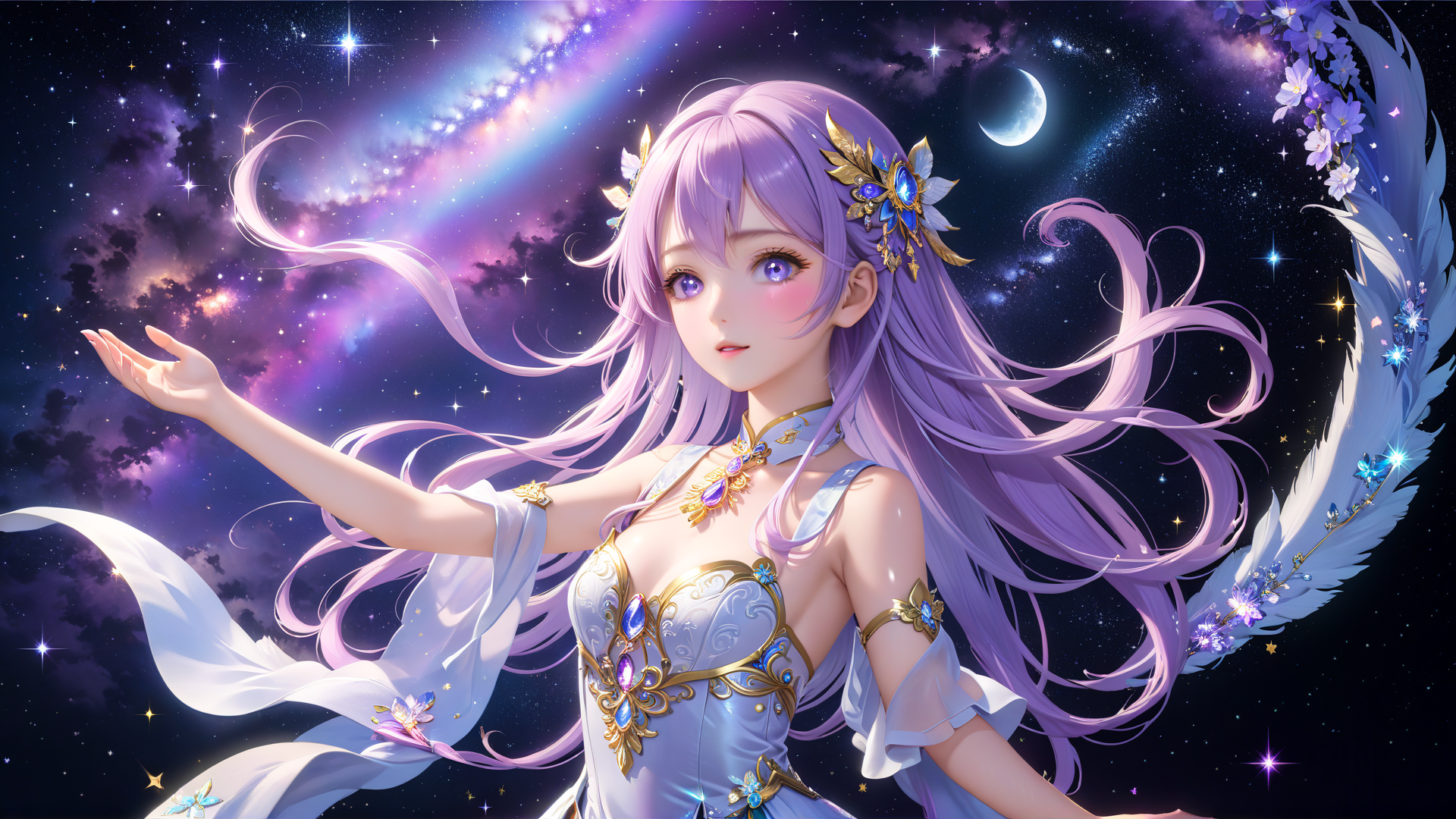 AI generated wallpaper featuring goddess, anime girl, star, moon, feather, flower