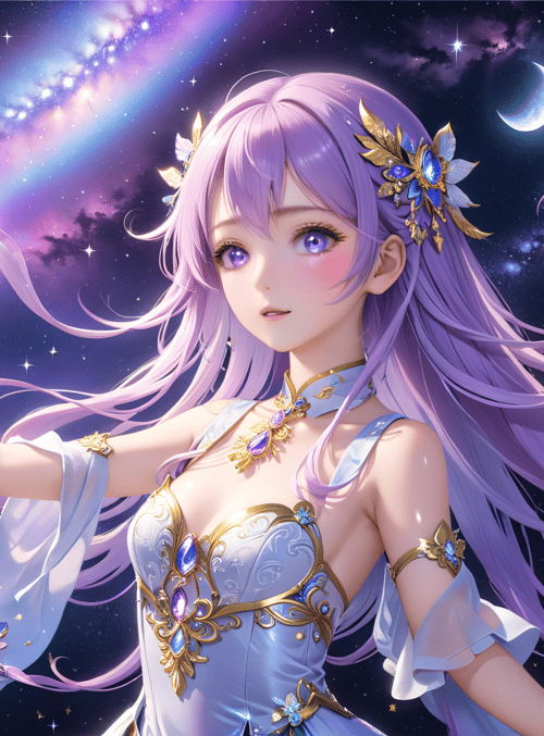 goddess, anime girl, star, moon, feather, flower
