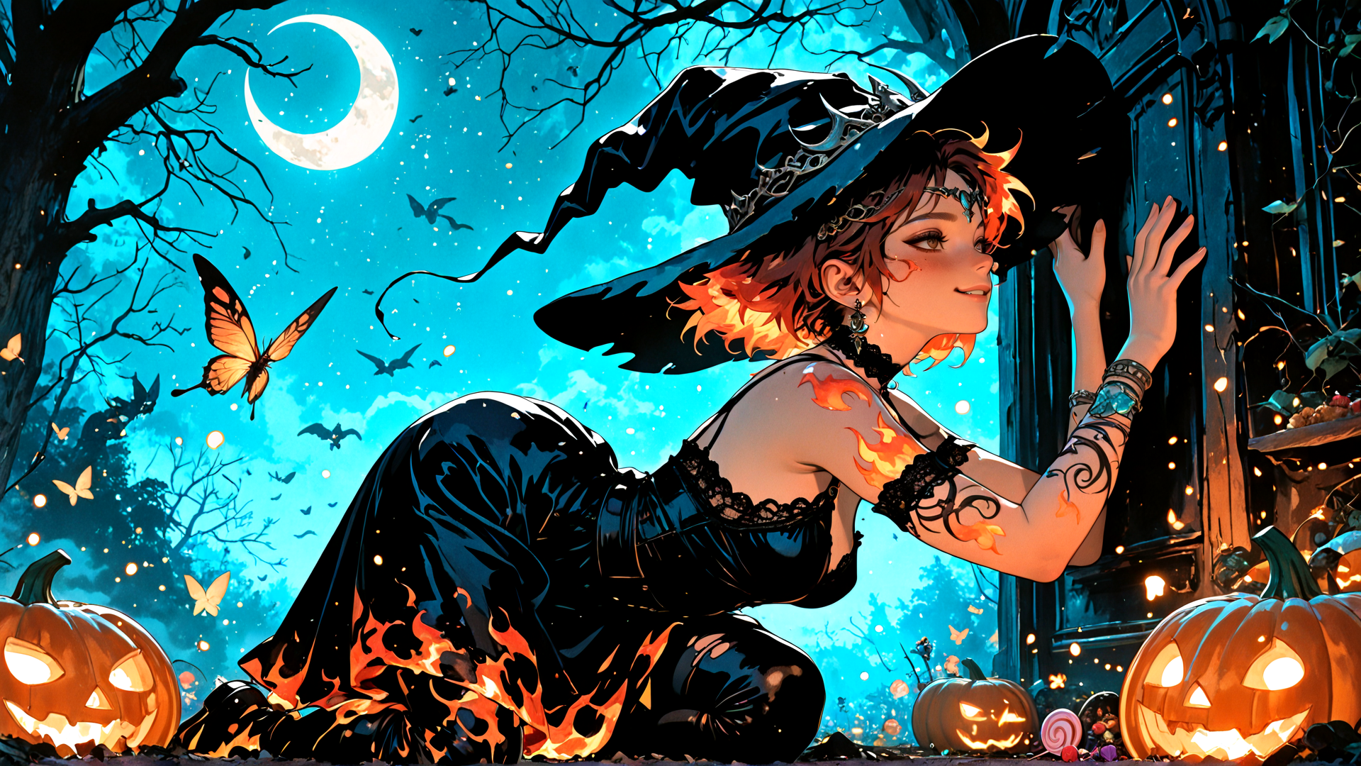 AI generated wallpaper featuring witch, pumpkin, butterfly, moon, tree, bat, candle, fire