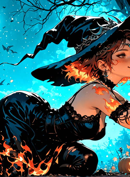 witch, pumpkin, butterfly, moon, tree, bat, candle, fire