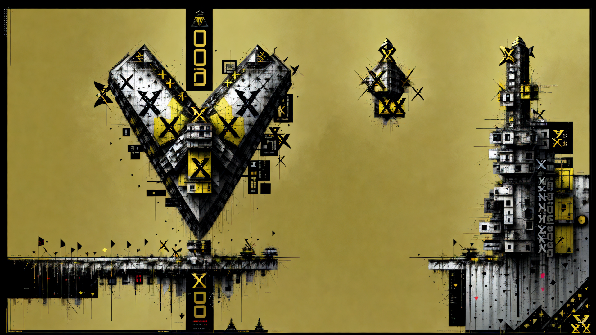 AI generated wallpaper featuring building, structure, tower, architecture, cityscape, skyscraper, design, graphic, art, wallpaper