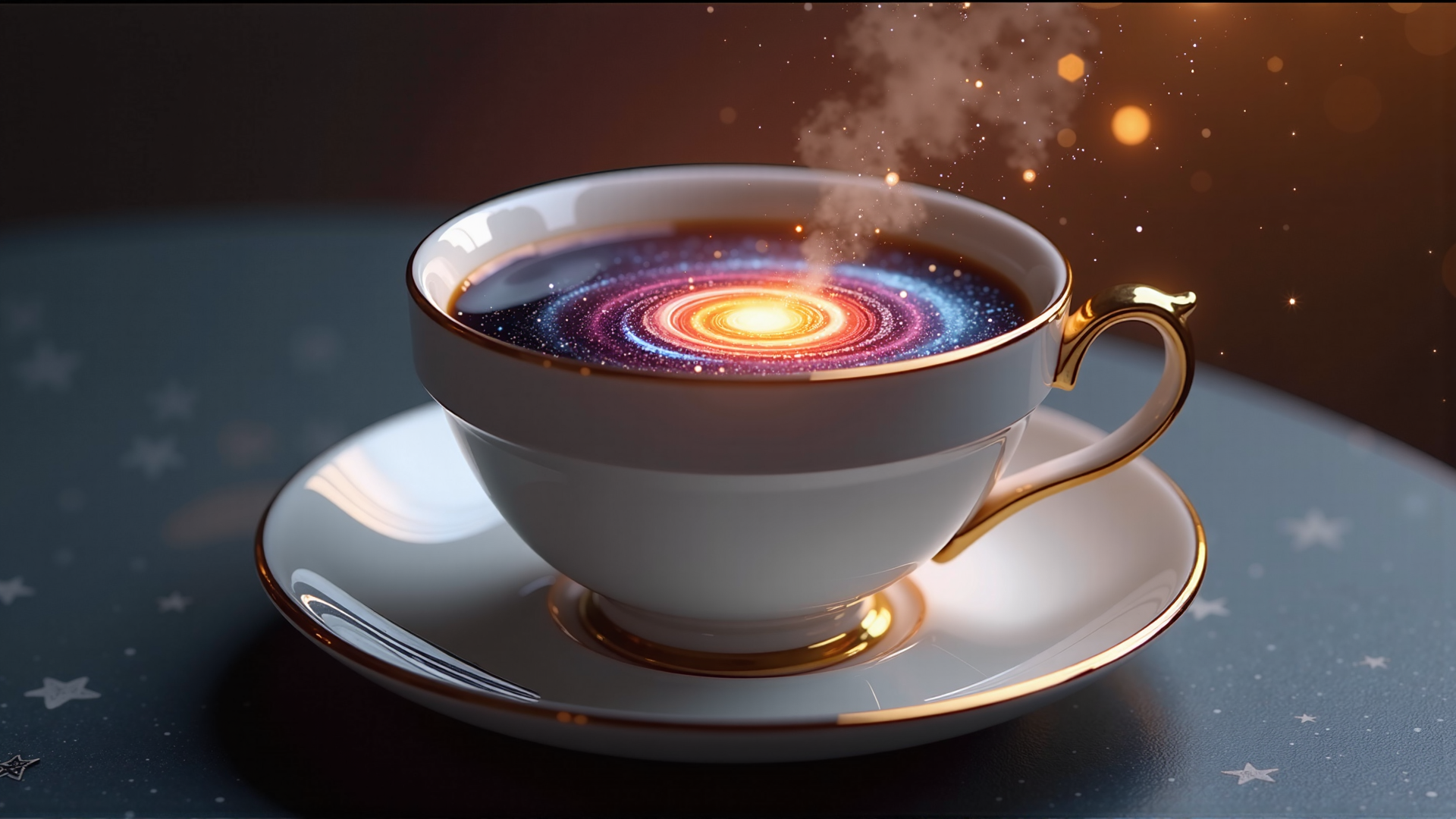 AI generated wallpaper featuring cup, saucer, galaxy, coffee, stars