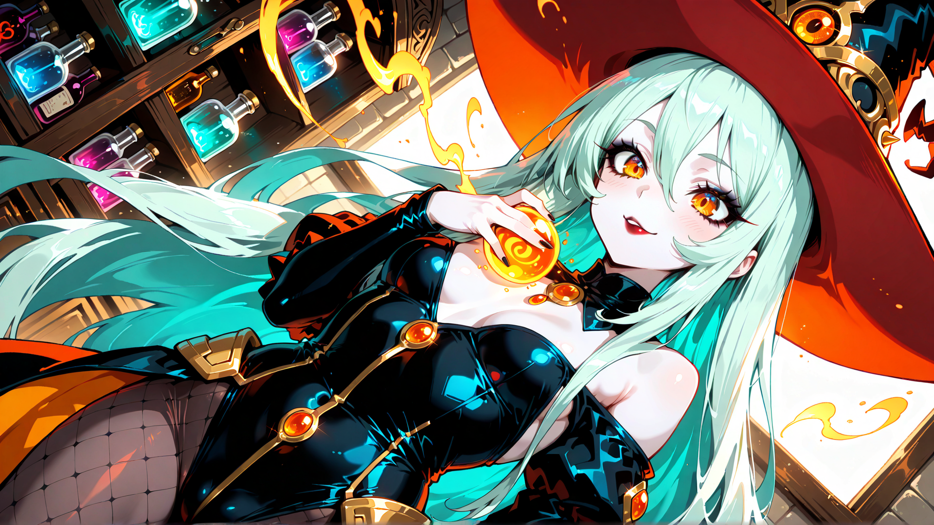 AI generated wallpaper featuring witch, mage, woman, alchemist, bottle, liquid, orb, hat, hair