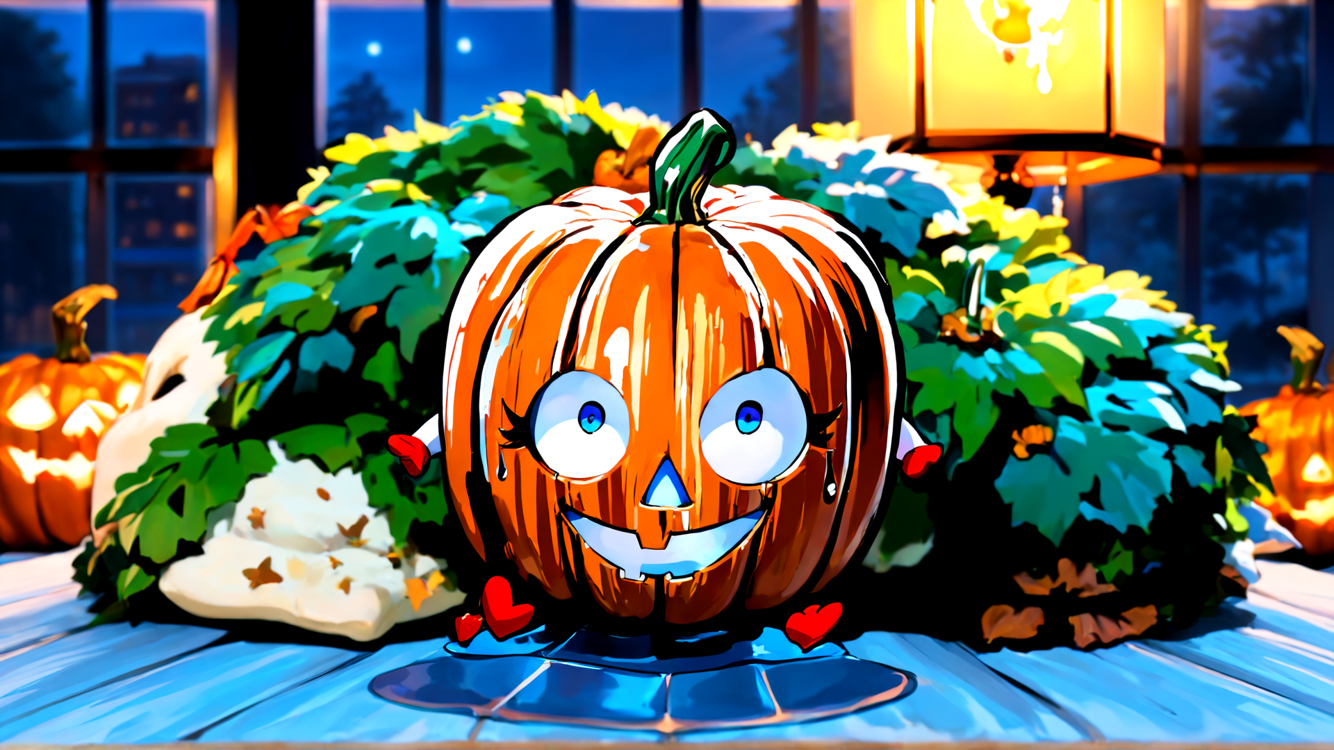 AI generated wallpaper featuring pumpkin, lantern, plant, lamp, window, leaves