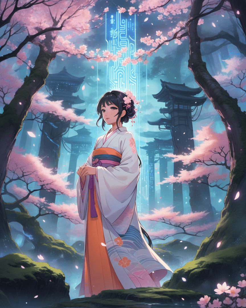 AI generated wallpaper featuring woman, cherry blossoms, pagodas