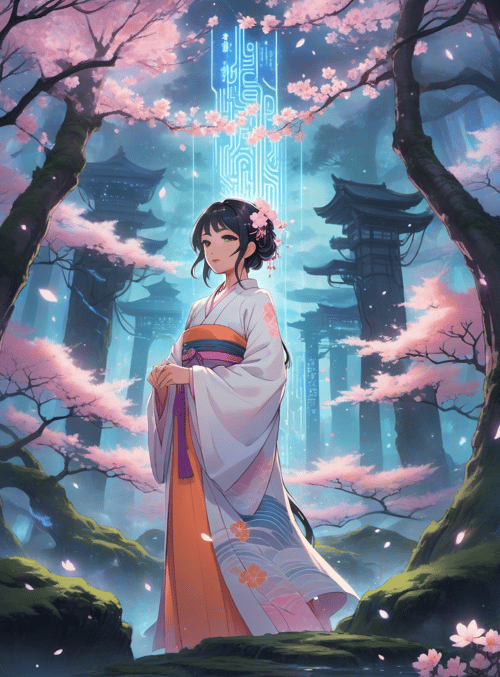 woman, cherry blossoms, pagodas