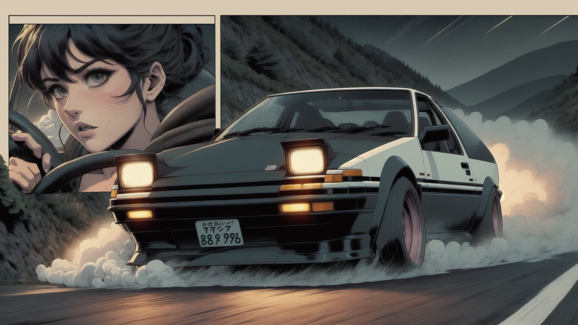 AI generated wallpaper featuring car, driver, mountains, road, smoke