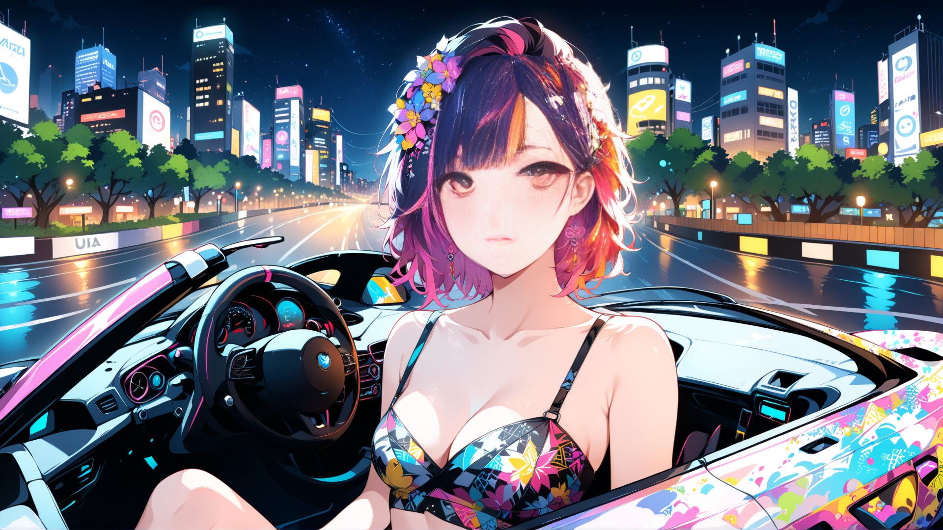 AI generated wallpaper featuring girl, car, city