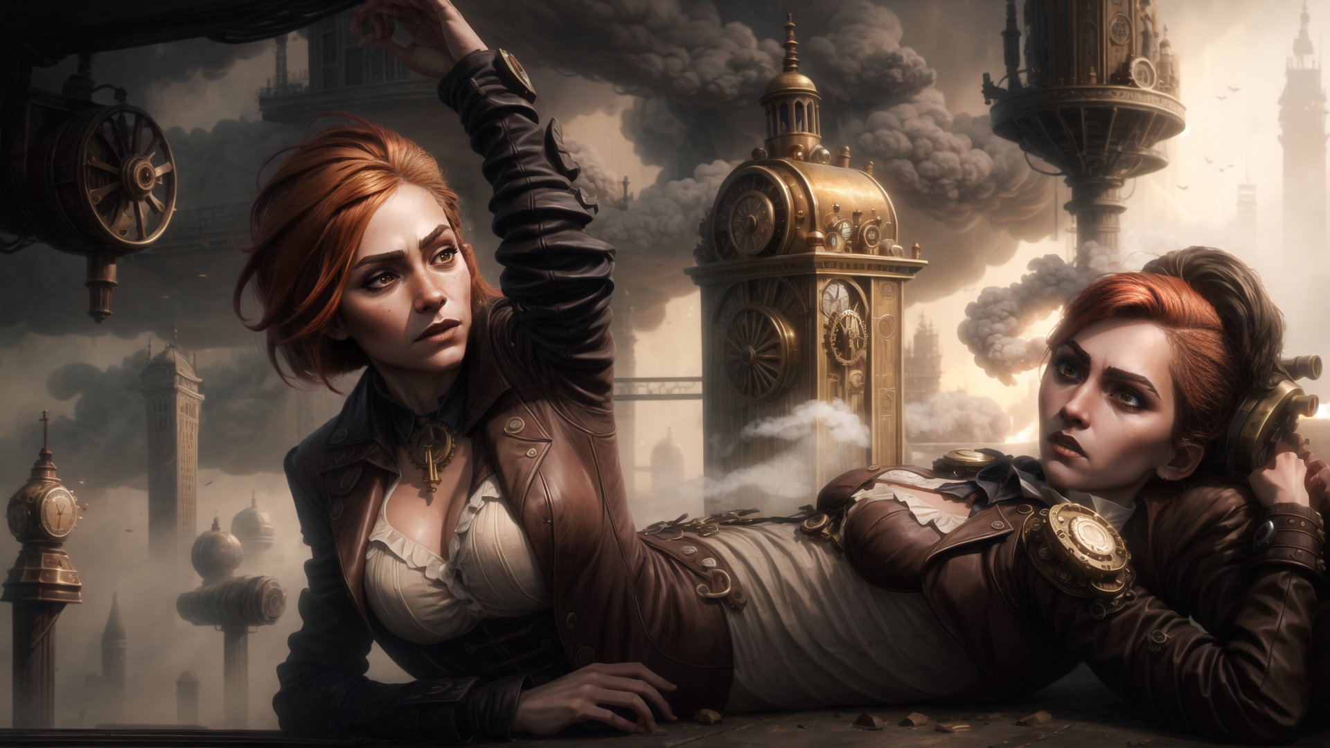 AI generated wallpaper featuring women, clock tower, steampunk city