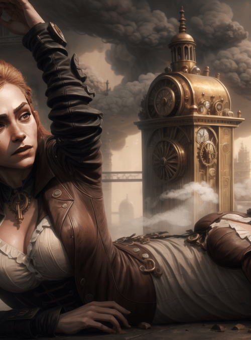 women, clock tower, steampunk city