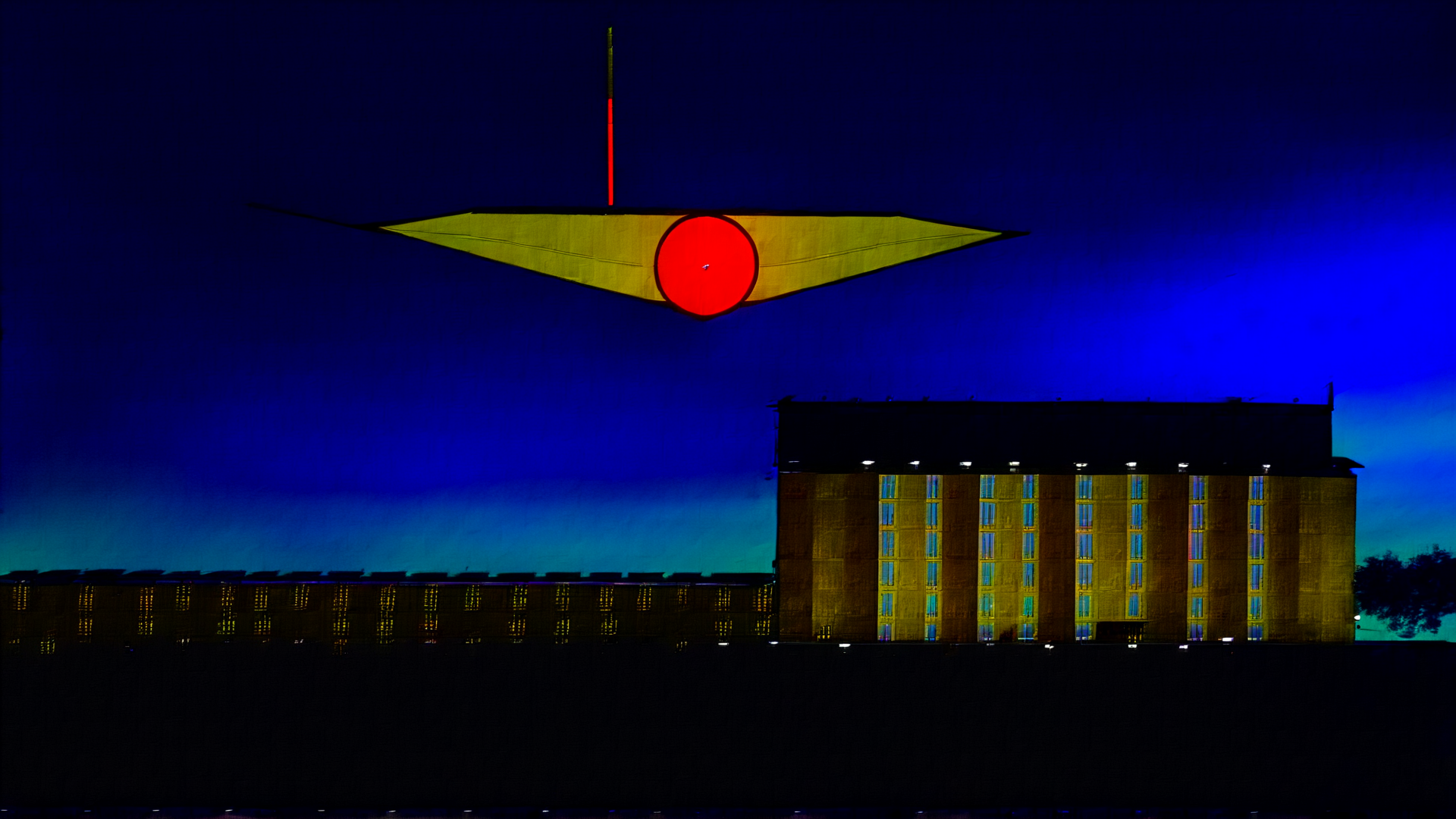 AI generated wallpaper featuring building, projection, cityscape