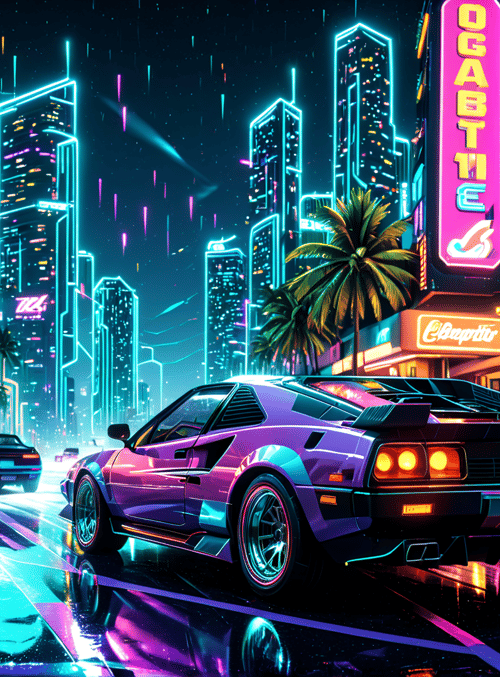 cars, cityscape, neon signs
