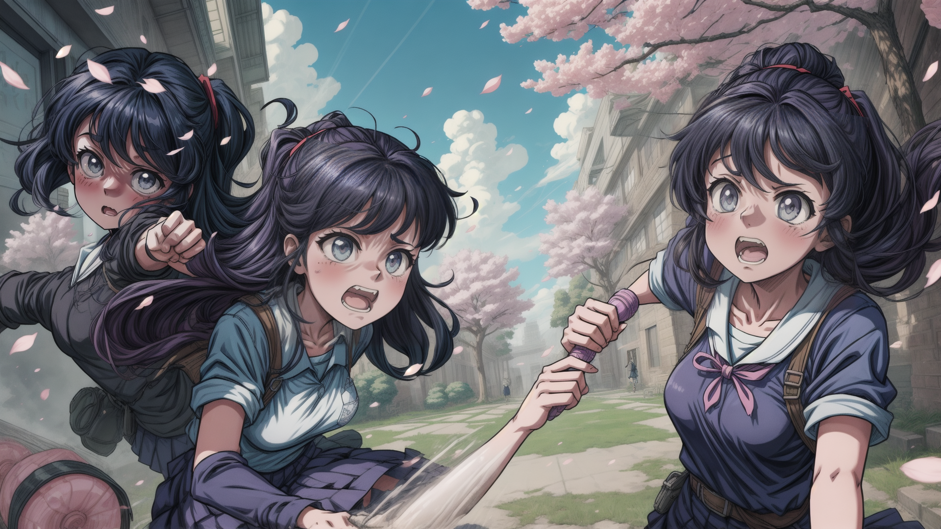 AI generated wallpaper featuring girls, cherry blossoms, school