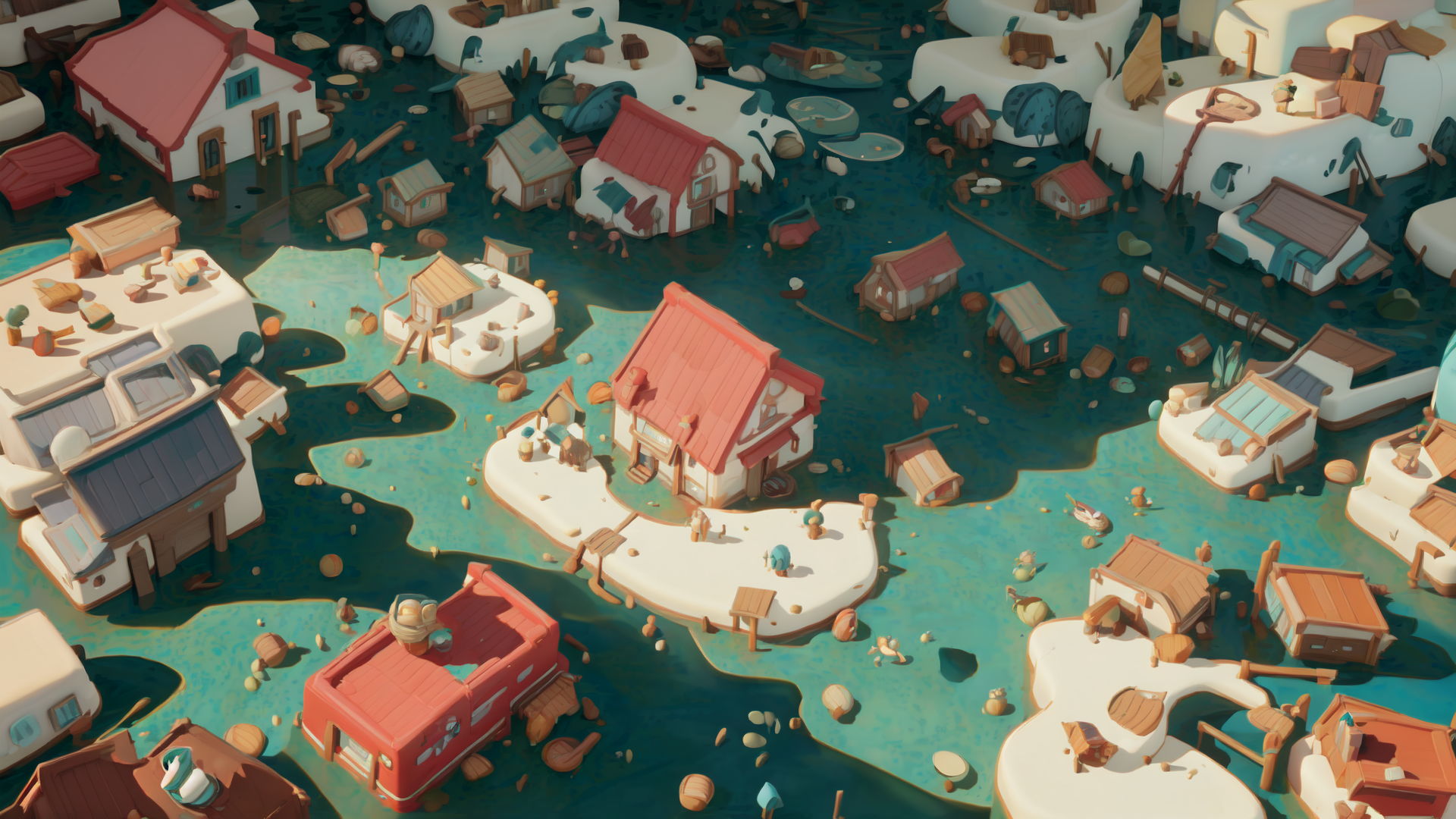 AI generated wallpaper featuring houses, islands, water