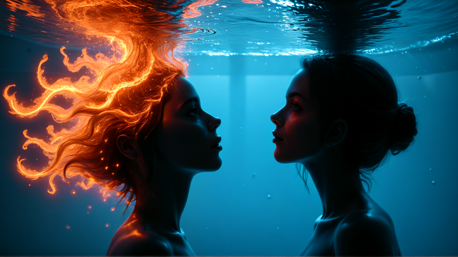 AI generated wallpaper featuring women, hair, water, reflection, silhouette