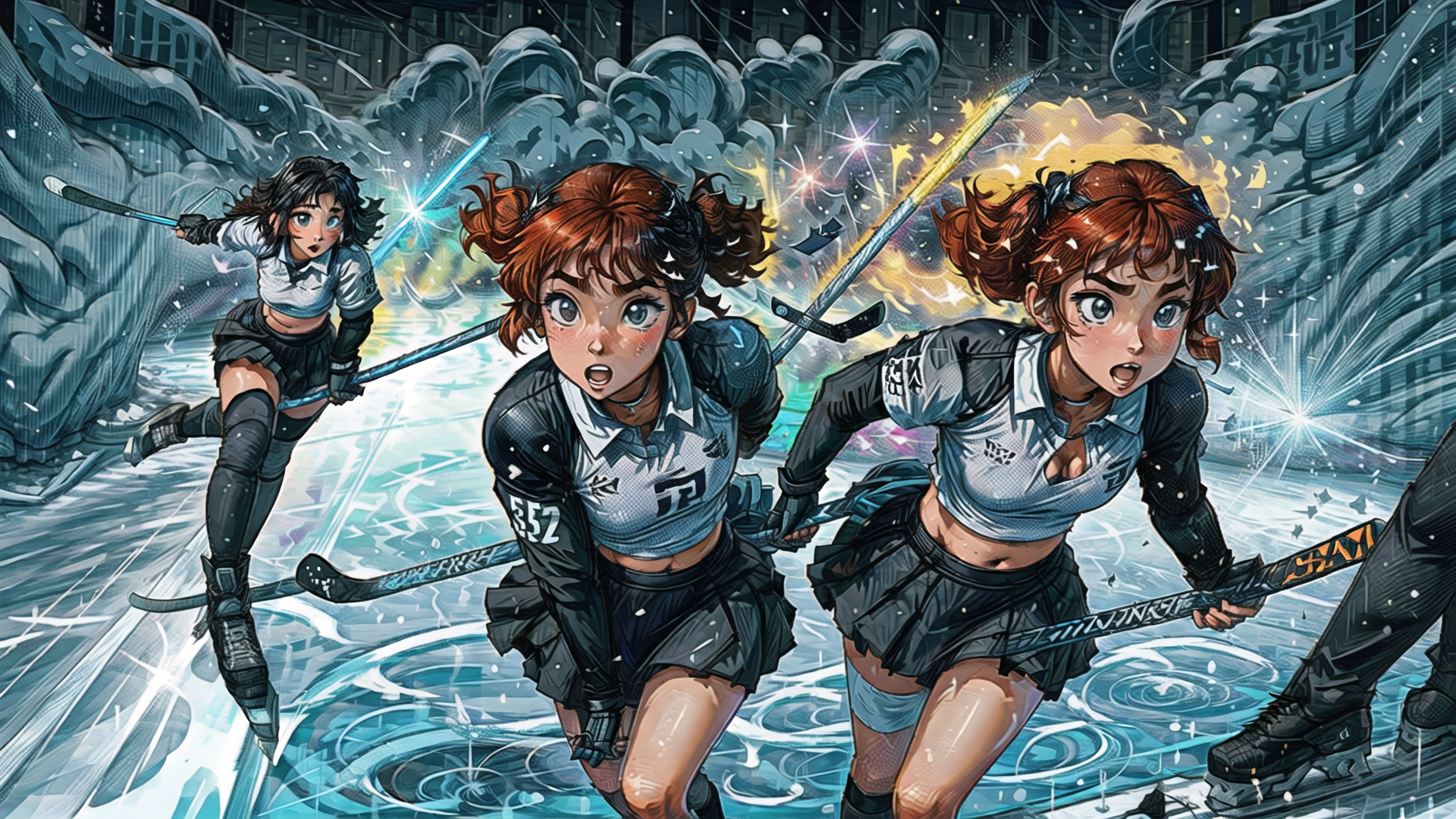 AI generated wallpaper featuring girls, hockey, skates, ice, swords, sports, team, action, anime, characters