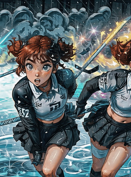 girls, hockey, skates, ice, swords, sports, team, action, anime, characters