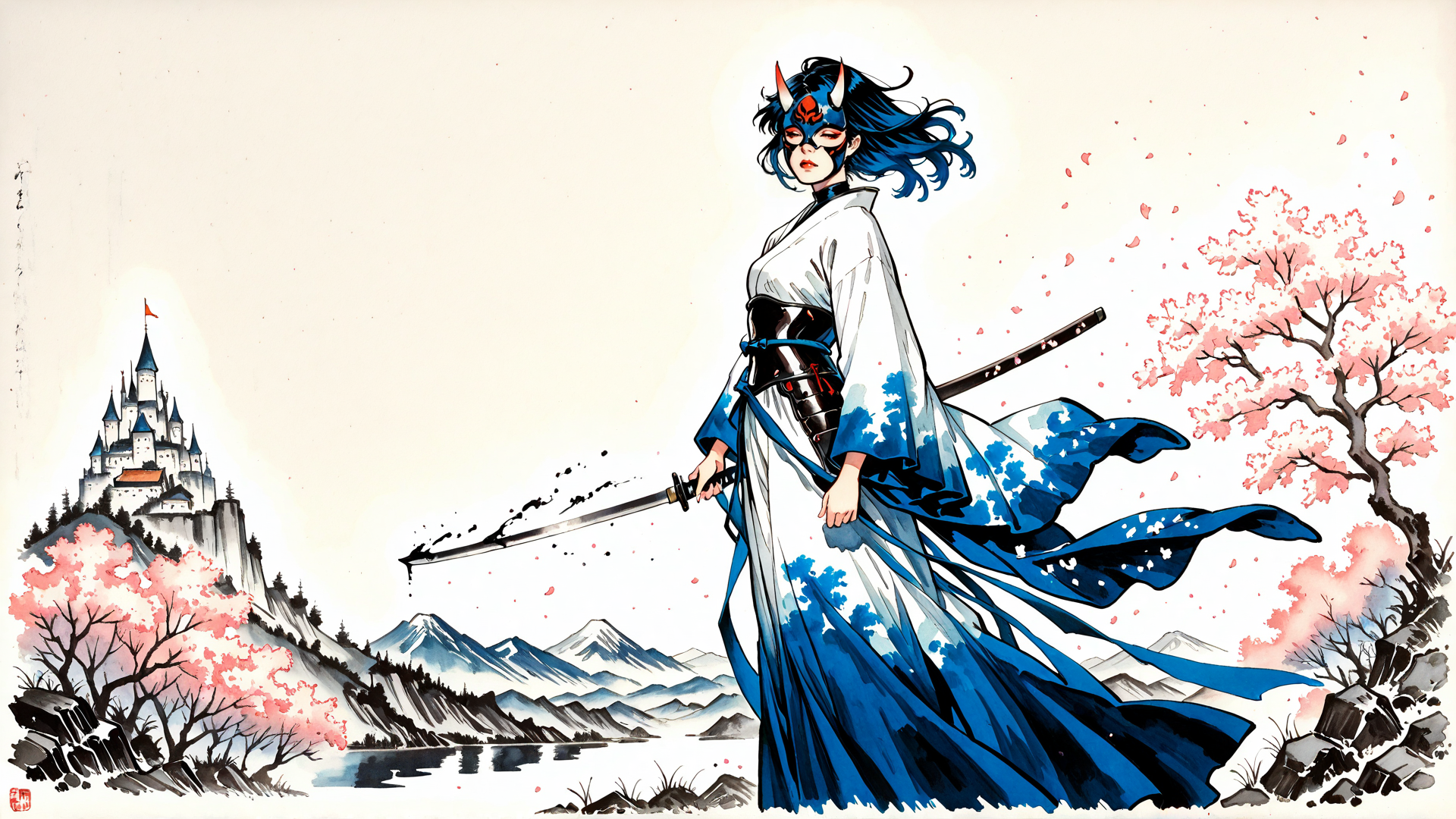 AI generated wallpaper featuring samurai, woman, sword, castle, cherry blossom, mountain, kimono, mask, cape, tree