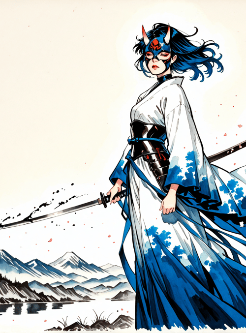 samurai, woman, sword, castle, cherry blossom, mountain, kimono, mask, cape, tree