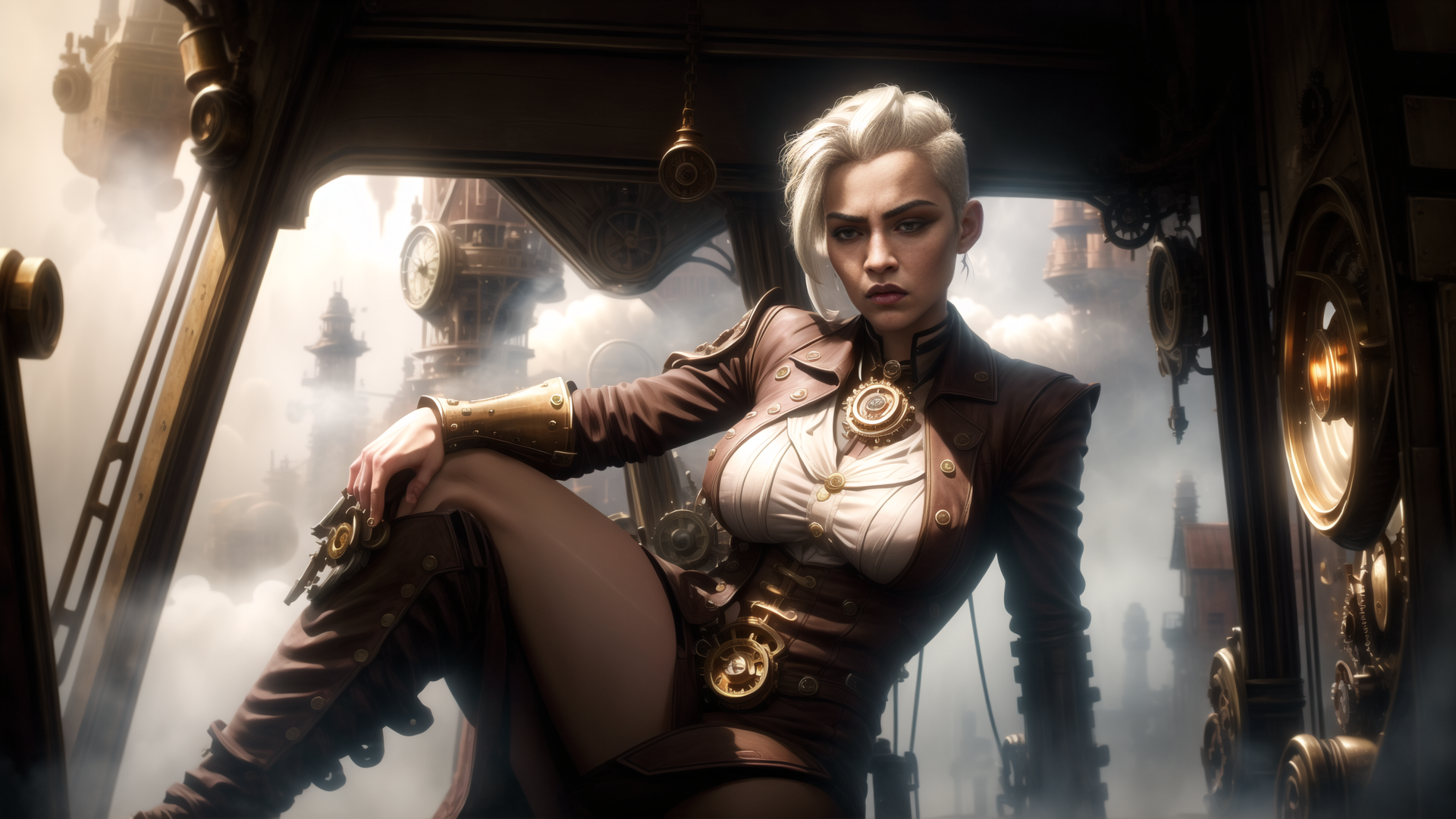 AI generated wallpaper featuring woman, steampunk, train