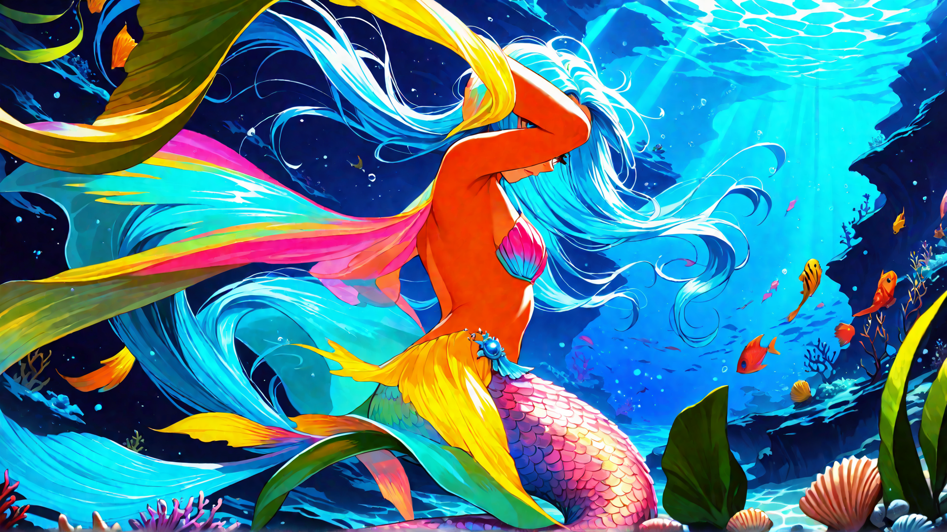AI generated wallpaper featuring mermaid, fish, coral, seaweed, shells, sunlight, water, fish, sea, scales