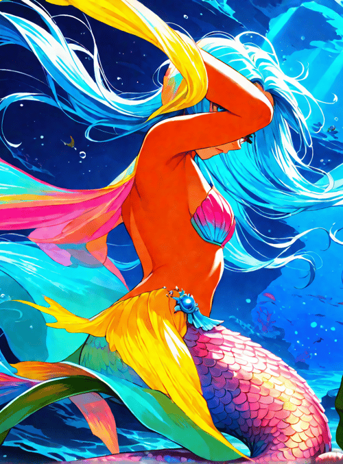mermaid, fish, coral, seaweed, shells, sunlight, water, fish, sea, scales